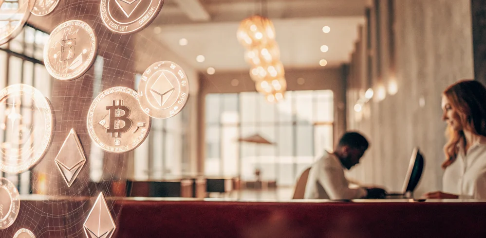 A secure online casino platform accepting cryptocurrency payments with Bitcoin and Ethereum symbols.