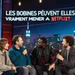 Quatre humoristes assis sur scène discutent joyeusement avec des micros, devant un écran lumineux affichant la question : « Les bobines peuvent-elles vraiment mener à Netflix ? ».