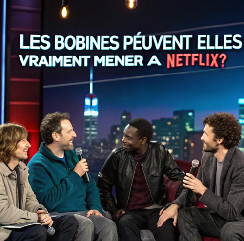 Quatre humoristes assis sur scène discutent joyeusement avec des micros, devant un écran lumineux affichant la question : « Les bobines peuvent-elles vraiment mener à Netflix ? ».