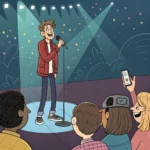 Un jeune humoriste sur scène avec un micro, face à un public animé dans un cadre de stand-up virtuel.