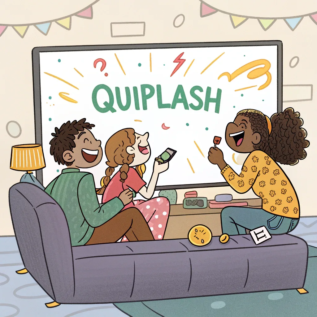 Trois amis riant ensemble devant un écran affichant "Quiplash", en train de jouer à un jeu de société numérique drôle.