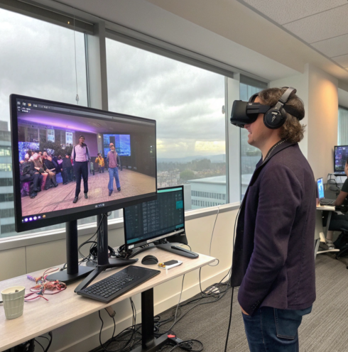 Un homme porte un casque VR et regarde un écran montrant deux avatars sur scène devant un public, dans un bureau moderne avec vue sur la ville.