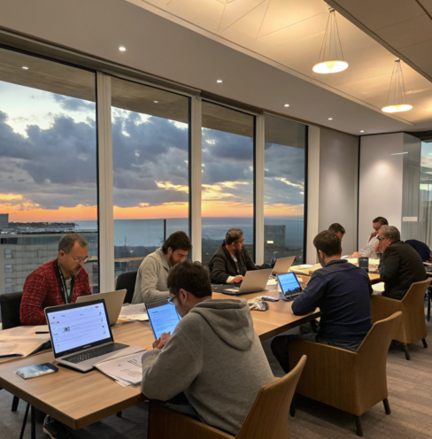 Plusieurs personnes travaillent sur leurs ordinateurs portables autour d'une grande table dans une salle de réunion avec vue sur le coucher du soleil.