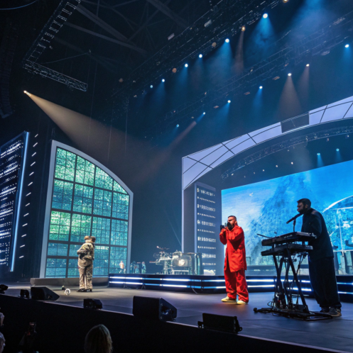 Trois artistes se produisent sur une grande scène éclairée avec écrans LED colorés, devant un public dans une salle de concert moderne.