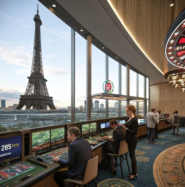 A modern online casino environment with French cultural elements and players interacting with the platform.
