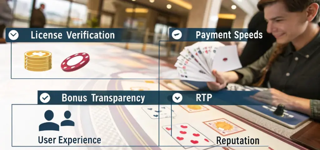 A detailed methodology chart for ranking online casinos with key criteria.