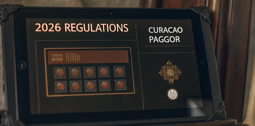 A digital screen showing online casino regulations for 2026 with licensing details.