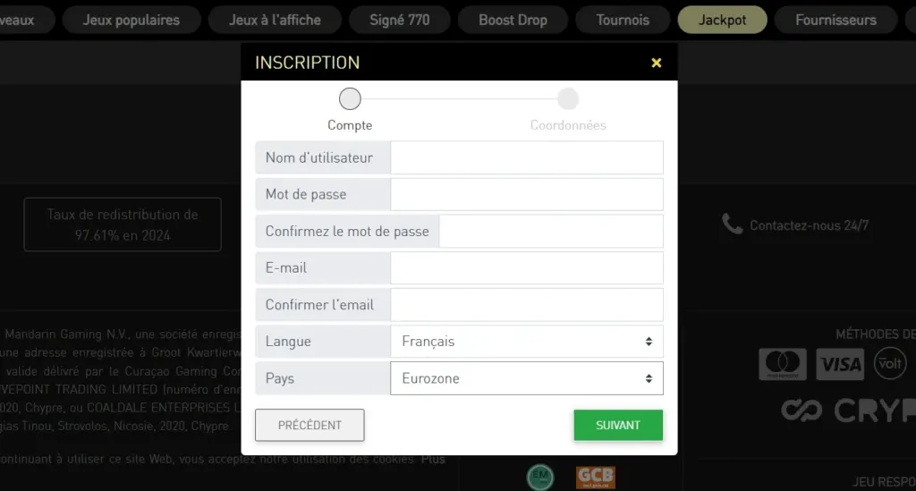 Mode démo Casino770 montrant l’inscription au casino en ligne et l’accès gratuit aux machines à sous avec crédits virtuels sans risque financier ni dépôt réel