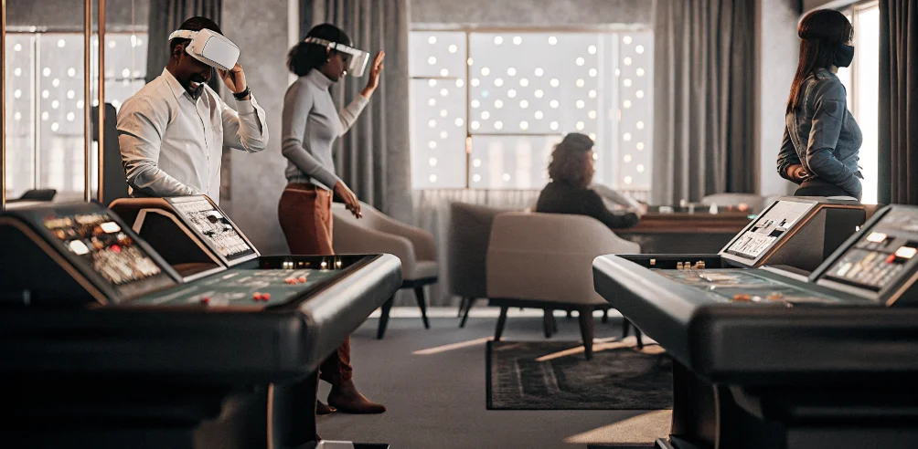 A player using a VR headset to experience a futuristic digital casino.
