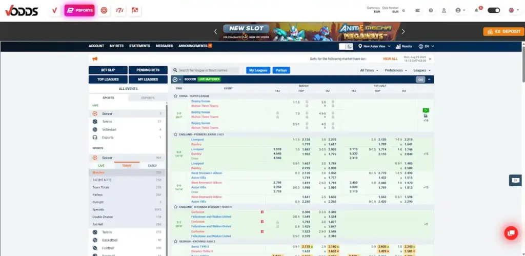 Interface VOdds combinant courtage sportif, casino en ligne et paiements crypto.