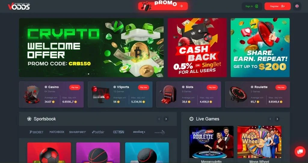 Interface VOdds combinant courtage sportif, casino en ligne et paiements crypto.